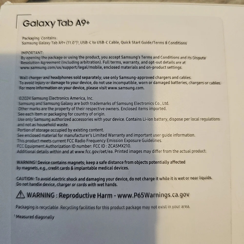 Samsung Galaxy Tab A9+ Silver White Packaging